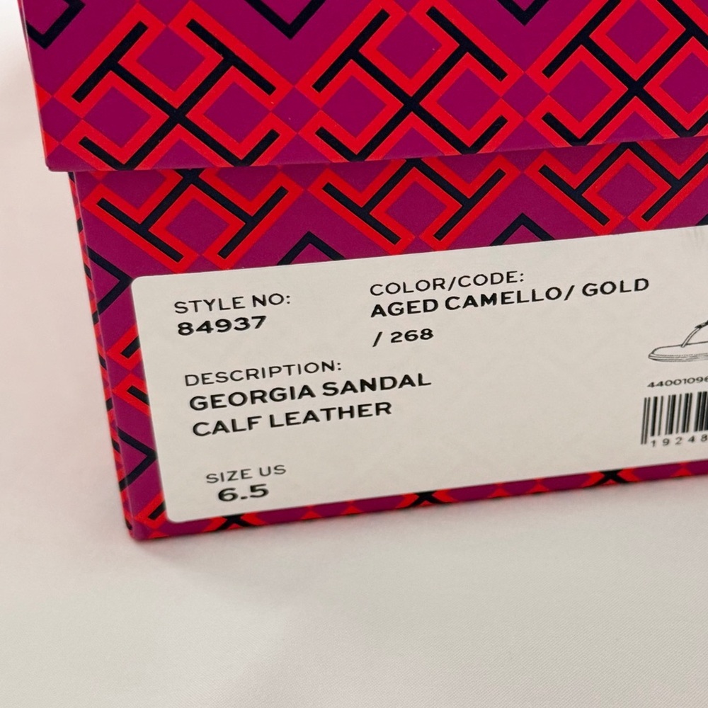 NWT Tory Burch Georgia Calf Leather Sandals, Aged Camello /Gold - Picture 16 of 16